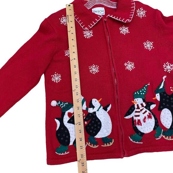 Ice Skating Penguins M Sweater Zip Front Ugly Christmas Sweater CARLY ST. CLAIRE - Picture 7 of 13